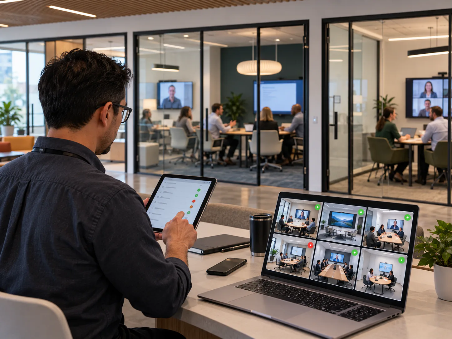 Workplace technology manager monitoring several meeting rooms from a tablet and laptop