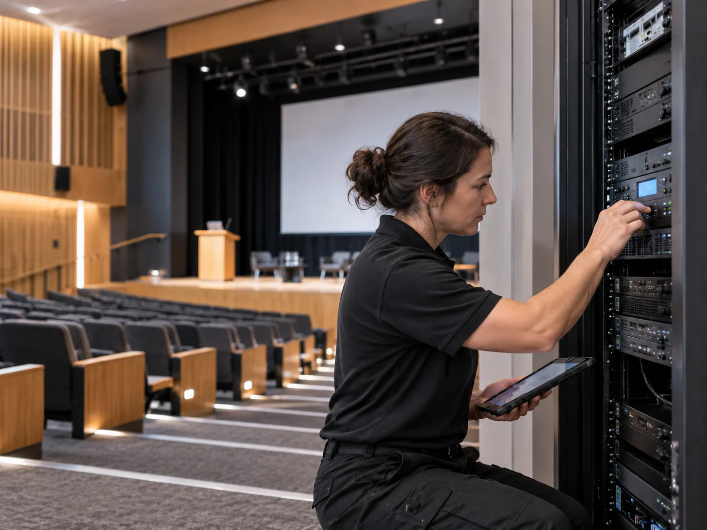 Technician servicing an equipment rack beside a hall with a stage and screen