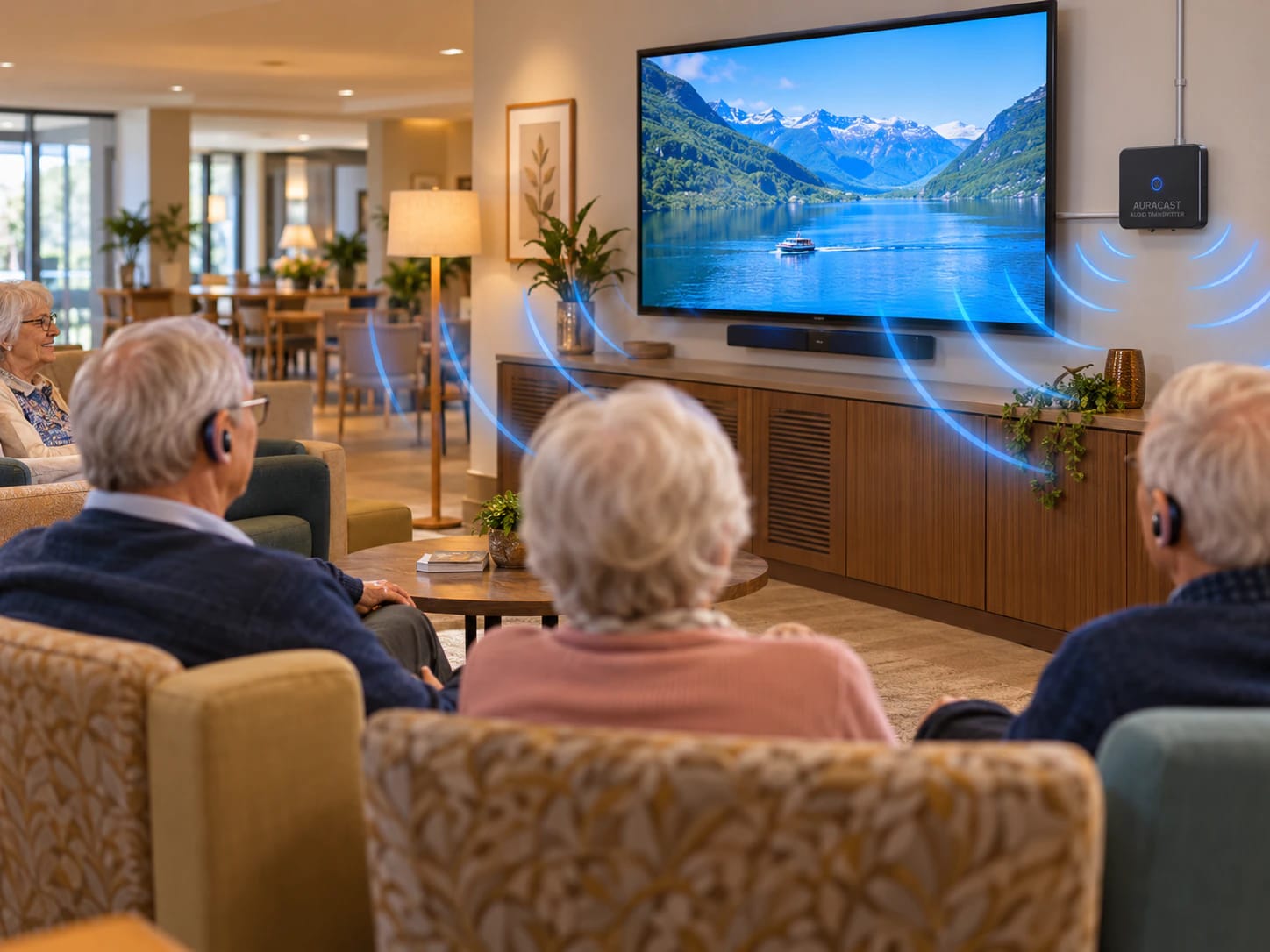Residents in a lounge listening to the television through their own hearing aids, with a wall-mounted Auracast transmitter beside the screen