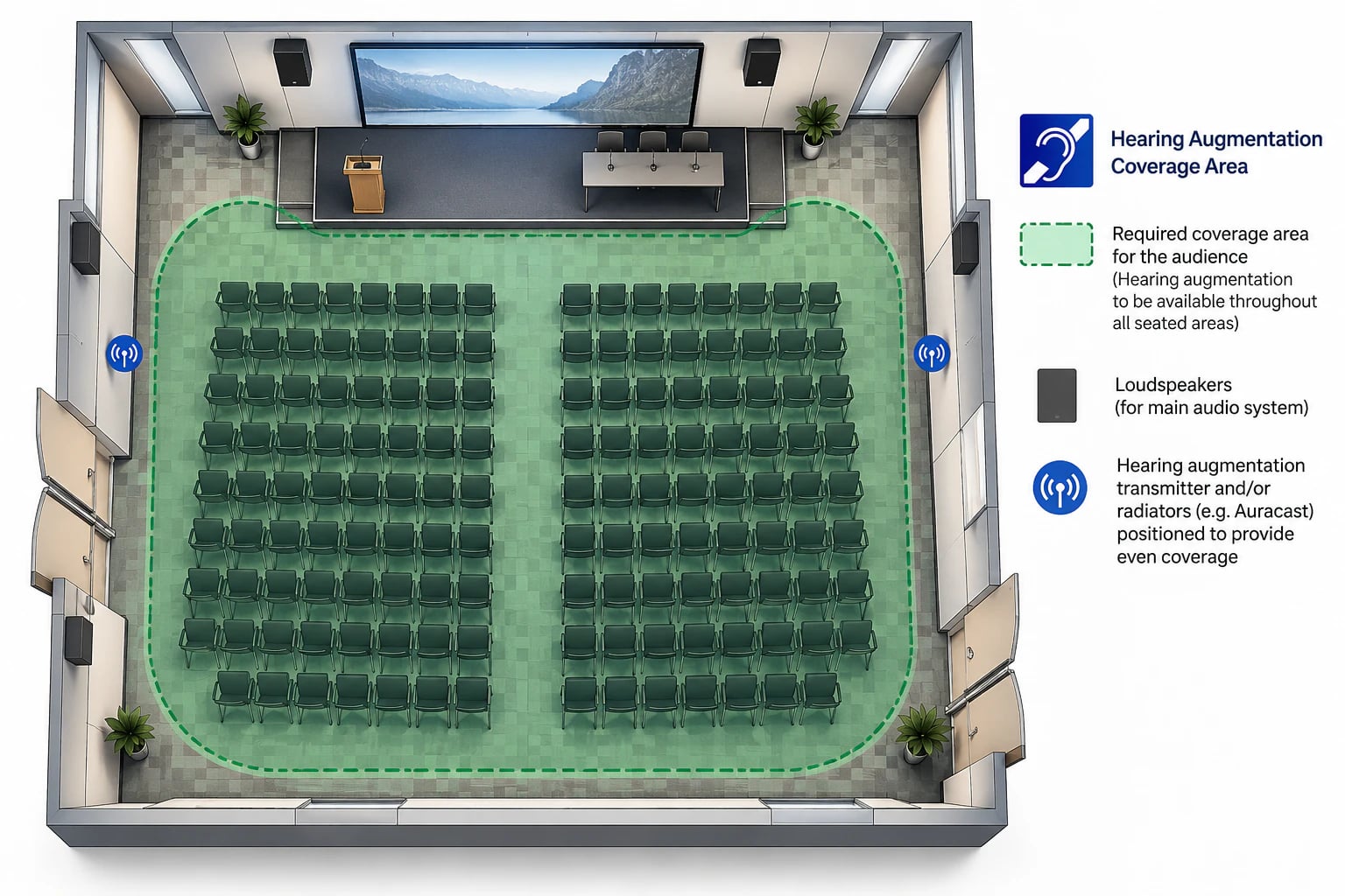 Plan view of a seated venue showing the required hearing augmentation coverage area across all seating, loudspeaker positions and transmitter locations, with legend