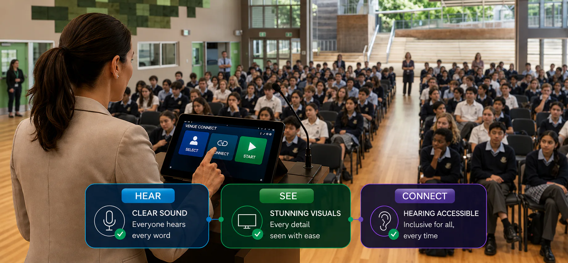 Presenter at a lectern using the Venue Connect touch panel in front of a school hall full of students, with Hear, See and Connect labels