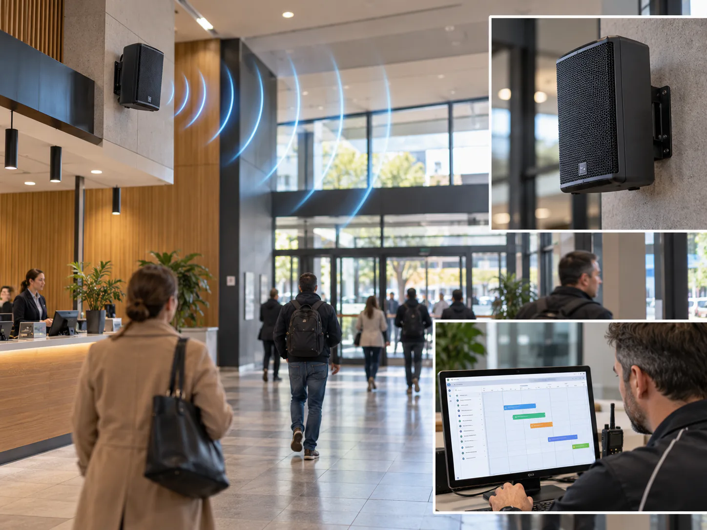 Public foyer with a wall-mounted speaker above the service counter, with close-ups of the speaker and a staff member scheduling announcements