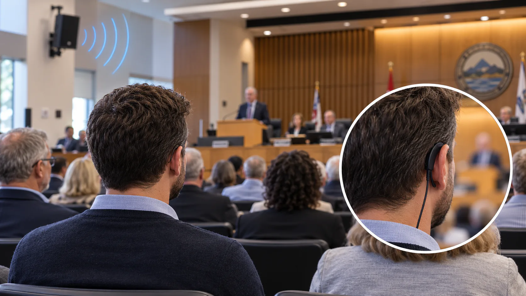 Audience member in a council chamber listening through an earpiece connected to the hearing augmentation system, with a close-up inset