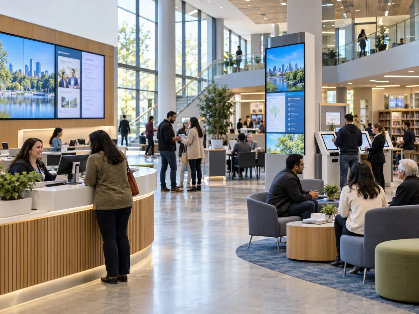 Customer service foyer with a staff member helping a visitor at the counter, information displays and a seated waiting area