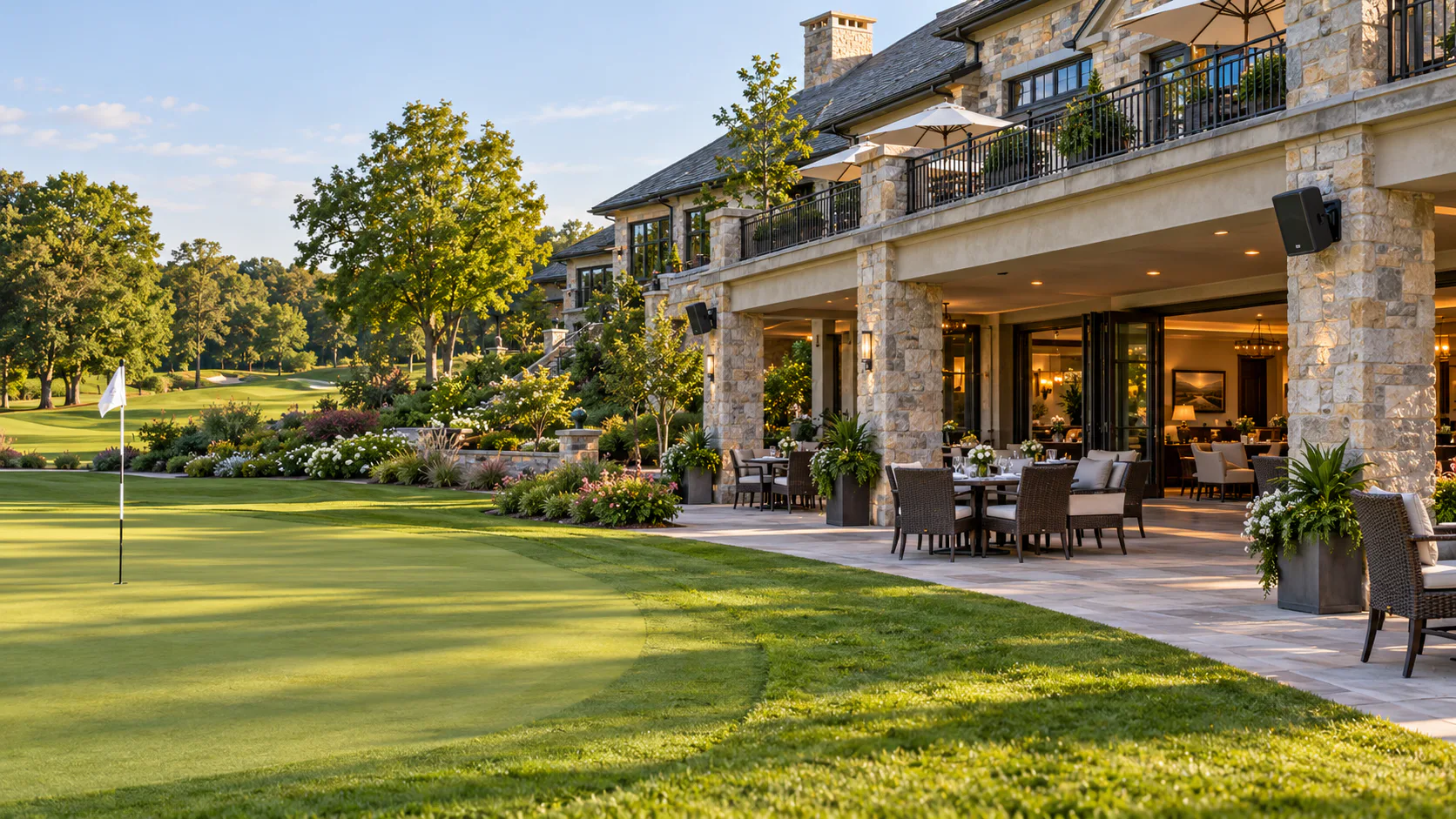 Putting green beside the clubhouse terrace with outdoor speakers mounted on the columns