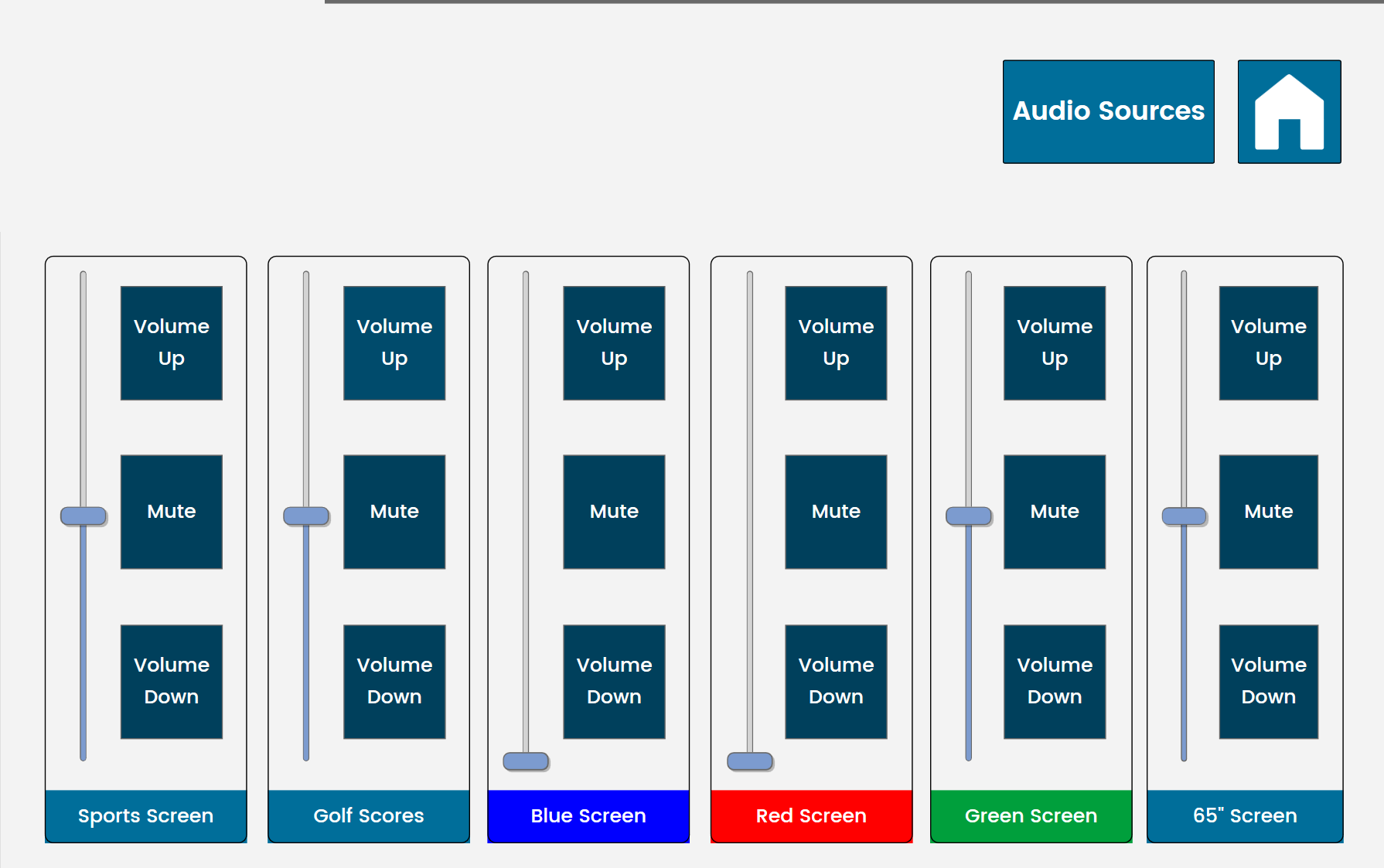 Screen Audio screen: volume up, mute and volume down for each sports and scores display